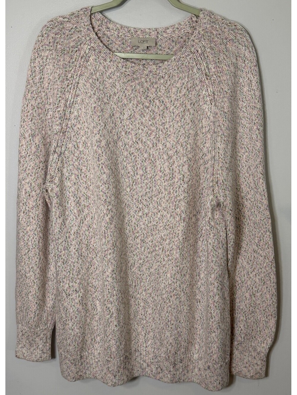 Loft Women Marled Knit Sweater Pink Cream Raglan Long Sleeve Crewneck Large EUC